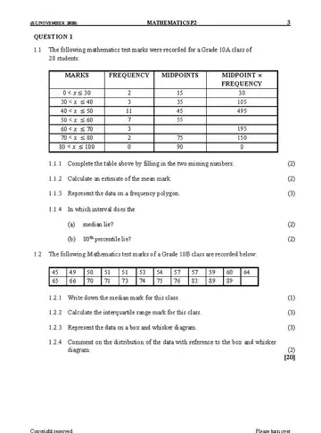Mathematics Grade 10 November 2020 Paper 2 question paper, first page of questions