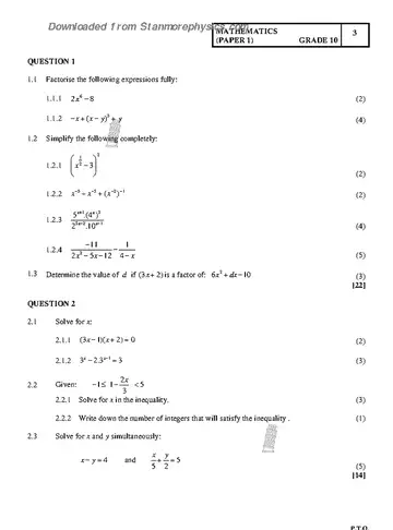 Mathematics Grade 10 November 2022 Paper 1 (Gauteng) question paper, first page of questions