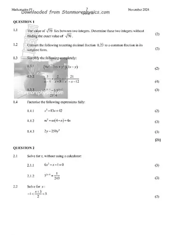 Mathematics Grade 10 November 2024 Paper 1 (KwaZulu-Natal) question paper, first page of questions