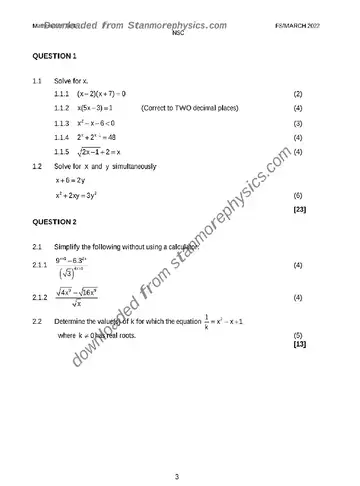 Mathematics Grade 11 March Test 2022 (Free State) question paper, first page of questions
