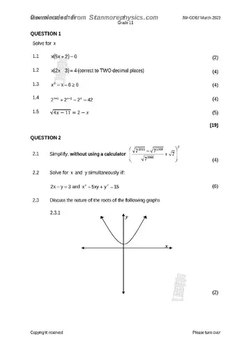 Mathematics Grade 11 March Test 2023 (Gauteng) question paper, first page of questions