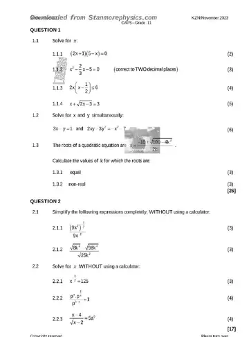 Mathematics Grade 11 November 2023 Paper 1 question paper, first page of questions
