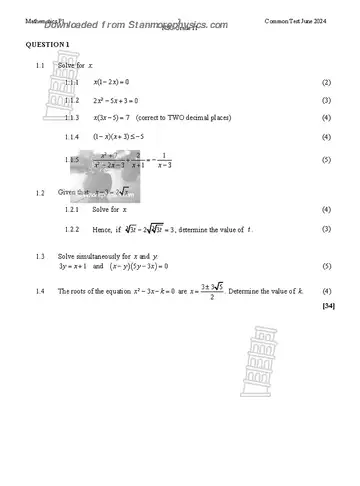 Mathematics Grade 11 June 2024 Paper 1 (KwaZulu-Natal) question paper, first page of questions