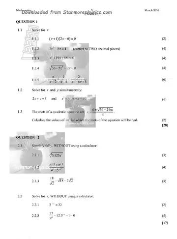 Mathematics Grade 11 March Test 2026 (KwaZulu-Natal) question paper, first page of questions