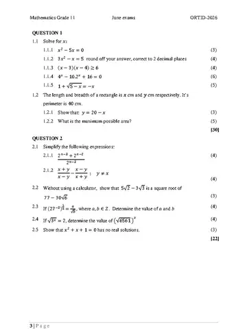 Mathematics Grade 11 June 2026 Paper 1 question paper, first page of questions