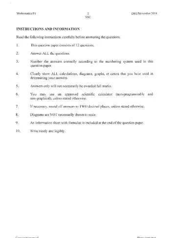 Mathematics Grade 12 November 2014 Paper 1 (National DBE) question paper, first page of questions