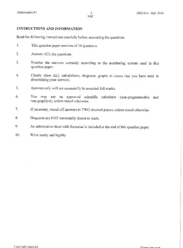 Mathematics Grade 12 Feb/March Supplementary 2016 Paper 1 (National DBE) question paper, first page of questions