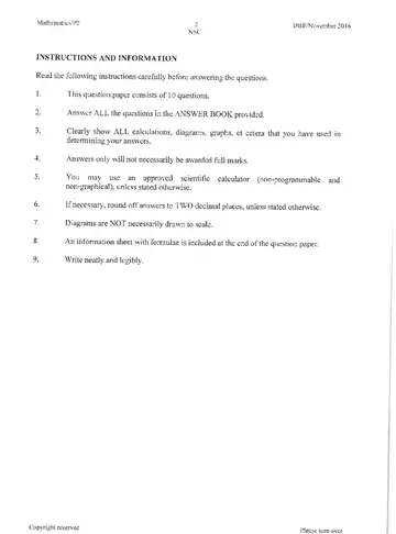 Mathematics Grade 12 November 2016 Paper 2 (National DBE) question paper, first page of questions
