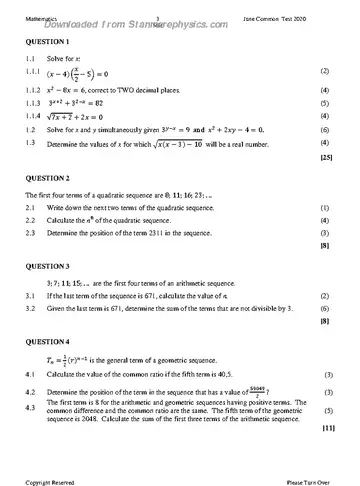 Mathematics Grade 12 June 2020 question paper, first page of questions