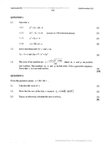 Mathematics Grade 12 November 2021 Paper 1 (National DBE) question paper, first page of questions