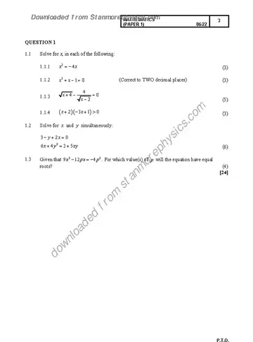 Mathematics Grade 12 June 2022 Paper 1 (Gauteng) question paper, first page of questions