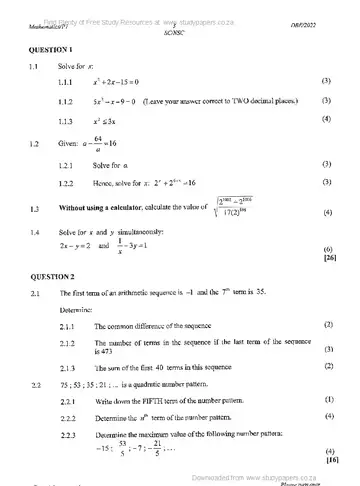Mathematics Grade 12 May/June 2022 Paper 1 question paper, first page of questions