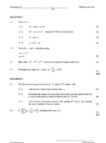 Mathematics Grade 12 November 2022 Paper 1 (National DBE) question paper, first page of questions