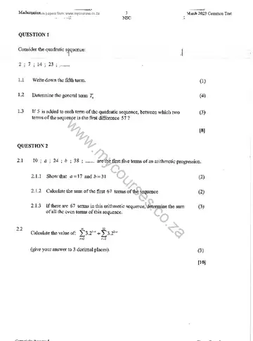 Mathematics Grade 12 March Test 2023 question paper, first page of questions