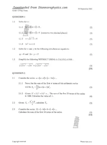 Mathematics Grade 12 September Trial 2023 Paper 1 (Free State) question paper, first page of questions