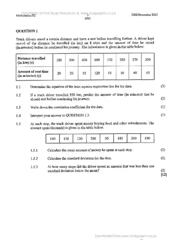 Mathematics Grade 12 November 2023 Paper 2 (National DBE) question paper, first page of questions