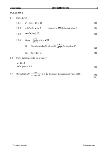 Mathematics Grade 12 June 2024 Paper 1 question paper, first page of questions