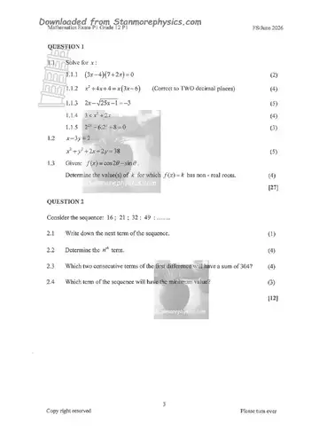 Mathematics Grade 12 June 2026 Paper 1 (Free State) question paper, first page of questions