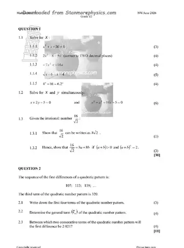 Mathematics Grade 12 June 2026 Paper 1 (North West) question paper, first page of questions