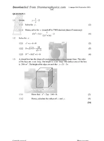 Mathematics Grade 12 September Trial 2026 Paper 1 (Limpopo) question paper, first page of questions