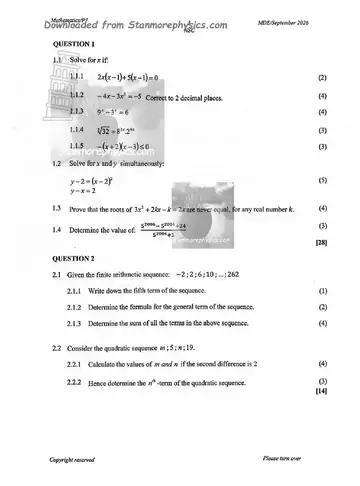 Mathematics Grade 12 September Trial 2026 Paper 1 (Mpumalanga) question paper, first page of questions