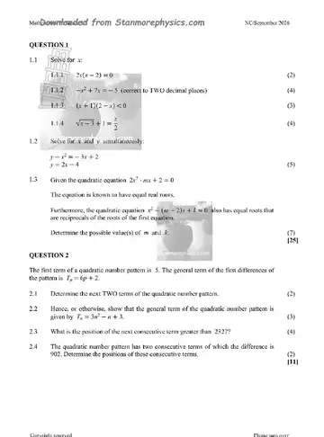 Mathematics Grade 12 September Trial 2026 Paper 1 (Northern Cape) question paper, first page of questions