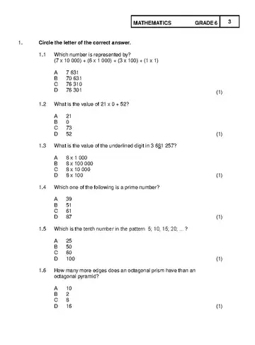 Mathematics Grade 6 June 2016 Paper 1 question paper, first page of questions