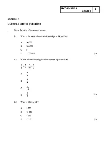 Mathematics Grade 6 June 2017 question paper, first page of questions