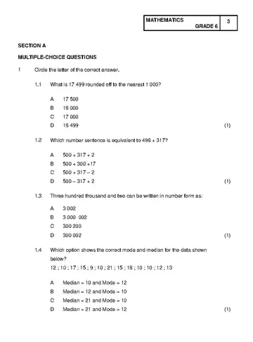Mathematics Grade 6 June 2018 question paper, first page of questions