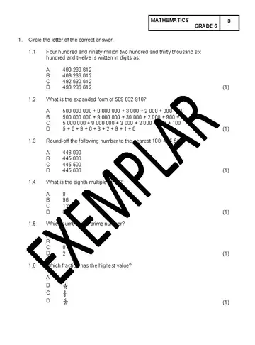 Mathematics Grade 6 June 2023 question paper, first page of questions