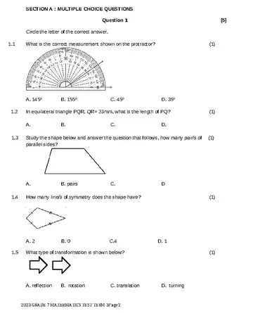 Mathematics Grade 7 May/June 2023 question paper, first page of questions
