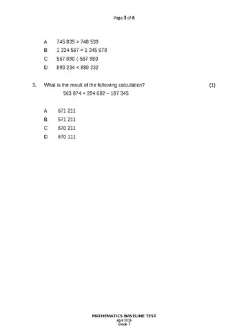 Mathematics Grade 7 April 2026 question paper, first page of questions