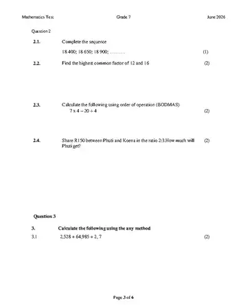Mathematics Grade 7 June 2026 question paper, first page of questions
