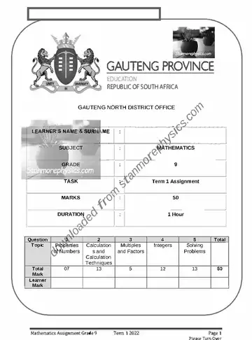 Mathematics Grade 9 March Task 2022 (Gauteng) question paper, first page of questions