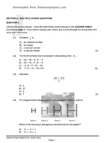 Mathematics Grade 9 June 2024 (Eastern Cape) question paper, first page of questions