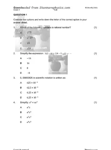 Mathematics Grade 9 March Test 2026 (Free State) question paper, first page of questions
