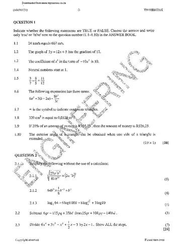 Mathematics N1 July 2014 question paper, first page of questions