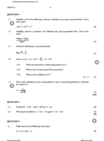 Mathematics N1 November 2022 question paper, first page of questions