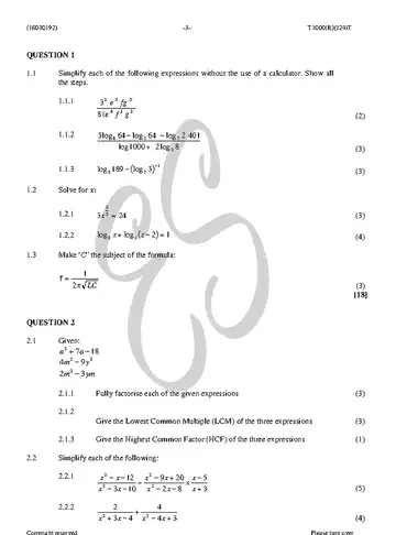 Mathematics N2 August 2018 question paper, first page of questions