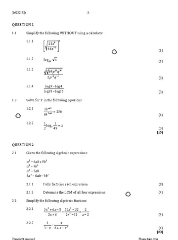 Mathematics N2 April 2020 question paper, first page of questions