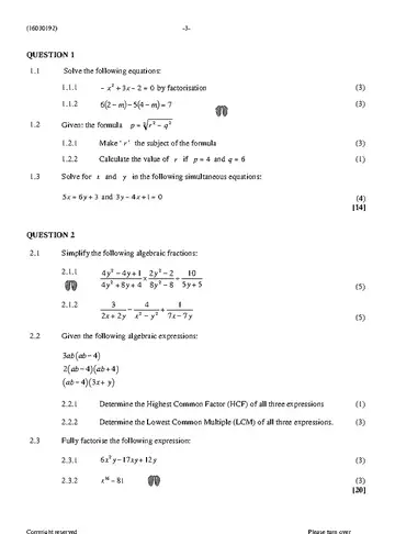 Mathematics N2 November 2020 question paper, first page of questions