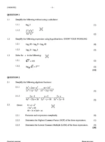 Mathematics N2 August 2021 question paper, first page of questions