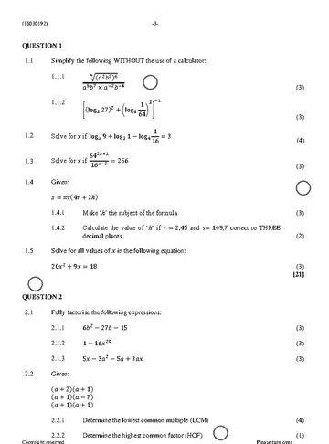 Mathematics N2 November 2022 question paper, first page of questions
