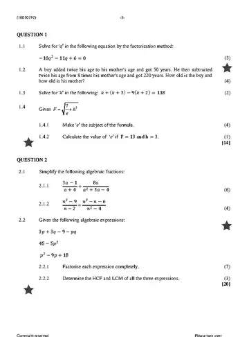 Mathematics N2 November 2023 question paper, first page of questions