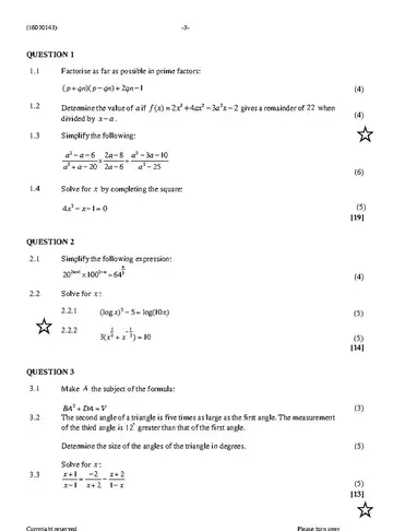 Mathematics N3 November 2023 question paper, first page of questions