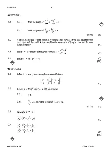 Mathematics N4 November 2023 question paper, first page of questions
