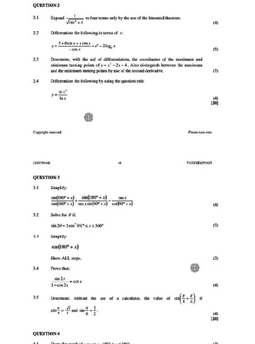 Mathematics N4 November 2024 question paper, first page of questions