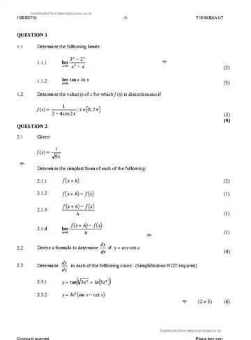 Mathematics N5 April 2019 question paper, first page of questions