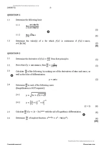 Mathematics N5 August 2019 question paper, first page of questions