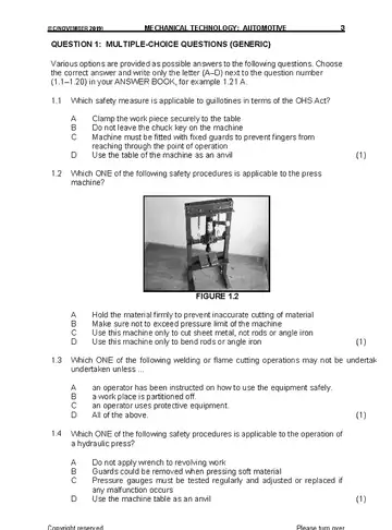 Mechanical Technology Grade 11 November 2019: Automotive question paper, first page of questions